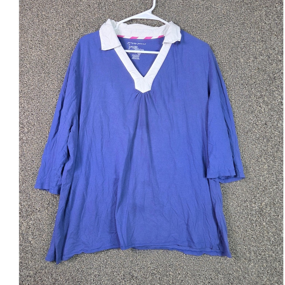 Just My Size Polo‎ Shirt Womens 3X Purple V-Neck 3/4 Sleeve Cotton Jersey